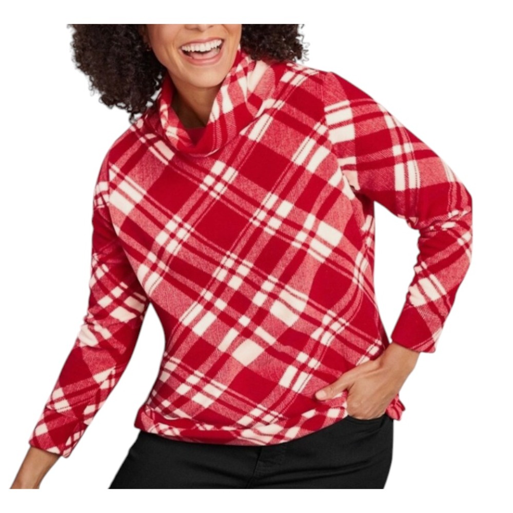 TALBOTS Red/White Plaid MICROFLEECE FUNNEL NECK TOP Turtleneck Sweatshirt SIZE L